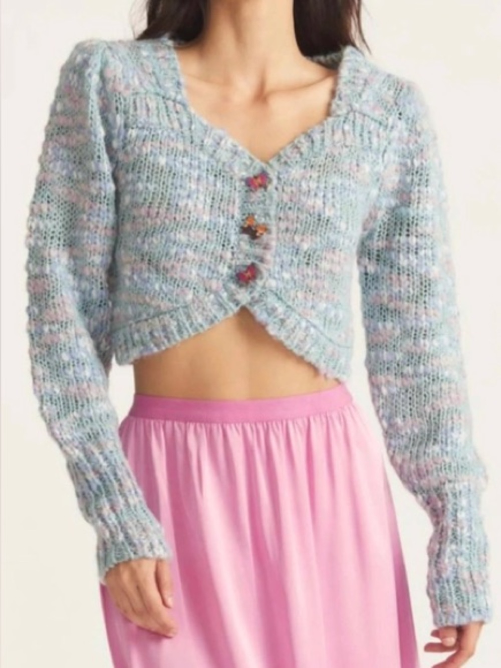 LoveShackFancy Saundria Butterfly Button Blue Metallic Cropped Cardigan NWT